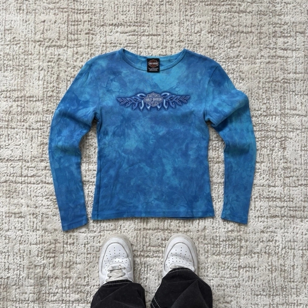 Vintage Harly Davidson Fitted Blue Tie Die Long Sleeve Top